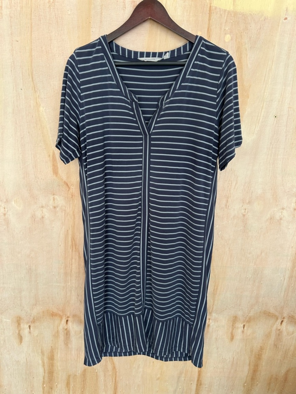 Athleta Navy and White Striped Button-Front Knit Tee